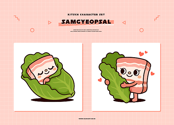 캐릭터 감정 아시아 음식 컨셉 채소 돼지고기 파일형식 벡터 삼겹살 배추 키치 디자인 귀여움 식사 단순화된 문화 한국 음료 디저트 그래픽 세트 유머 일러캐릭터 AI파일 일러스트