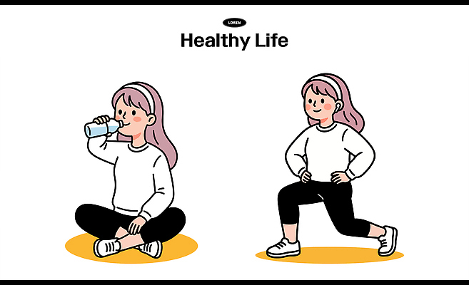 라이프스타일 여자 포즈 러닝셔츠 다이어트 일러스트 모션 건강 앉기 일상 운동복 운동 건강관리 스트레칭 마시기 균형 수분_꽃가루 국내일러스트 AI파일 옷 셔츠 관리 사람 라이프 생활 파일형식 벡터