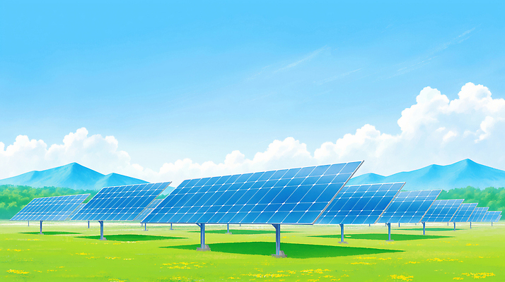 JPG 일러스트 자연 하늘 날씨 산 기술 풍경 초원 환경 공간 발전소 에너지 그린에너지 제조 그림 친환경 태양에너지 재생 집열판 패널 설치 청명 국내일러스트 AI일러스트 AI콘텐츠 생태계 파일형식