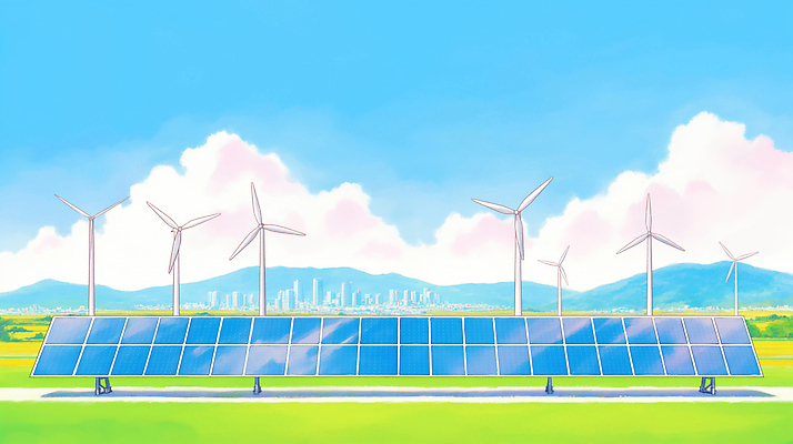 JPG 일러스트 자연 하늘 기술 풍경 초원 일출 환경 발전기 에너지 도시 발전 그린에너지 풍력에너지 전기에너지 친환경 태양에너지 설비 집열판 패널 국내일러스트 AI일러스트 AI콘텐츠 컨셉 노을 발전소 시설 생태계 파일형식