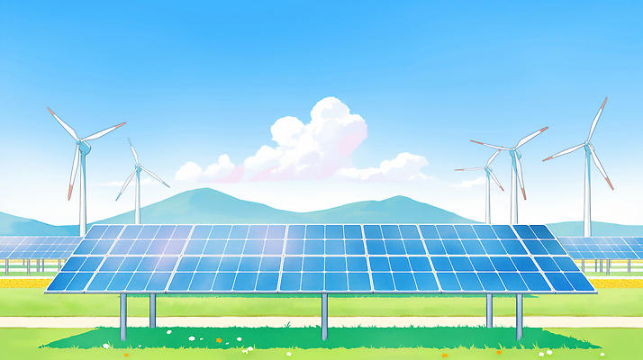 JPG 일러스트 자연 하늘 날씨 산 기술 풍경 환경 발전기 발전소 에너지 발전 그린에너지 풍력에너지 전기에너지 친환경 태양에너지 집열판 패널 경관 국내일러스트 AI일러스트 AI콘텐츠 컨셉 생태계 파일형식