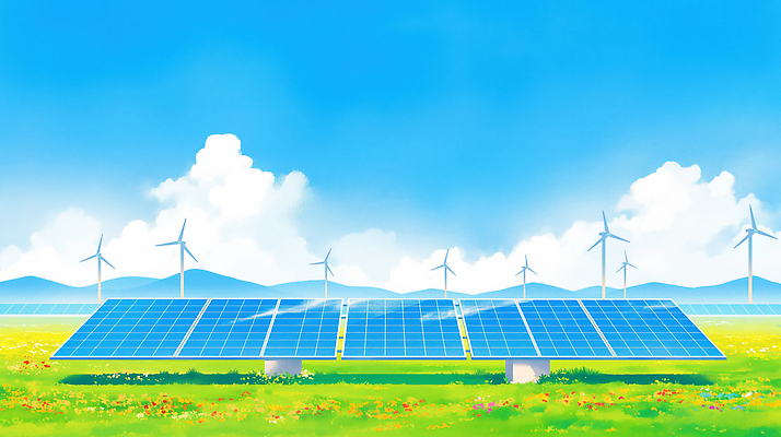 JPG 꽃 일러스트 자연 하늘 바람 날씨 기술 풍경 초원 태양 환경 발전소 에너지 그린에너지 전기에너지 결과 친환경 태양에너지 집열판 패널 청량 국내일러스트 AI일러스트 AI콘텐츠 자연요소 식물 컨셉 생태계 파일형식