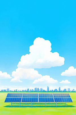JPG 일러스트 자연 하늘 기술 풍경 초원 건물 햇빛 환경 에너지 도시 발전 그린에너지 전기에너지 친환경 태양에너지 집열판 패널 설치 설치물 청정 국내일러스트 AI일러스트 AI콘텐츠 건축물 컨셉 태양 생태계 파일형식