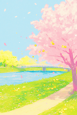 JPG 나무 공원 꽃잎 꽃 길 여유 일러스트 자연 풍경 잔디 강 햇빛 소풍 봄 벚꽃 연못 수면 국내일러스트 AI일러스트 AI콘텐츠 식물 계절 공공시설 감정 물 태양 야외활동 생태계 파일형식