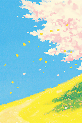 JPG 나무 꽃잎 꽃 일러스트 자연 하늘 바람 풍경 초원 파란색 햇빛 노란색 봄 벚꽃 떨어짐 언덕 뷰티풀 국내일러스트 AI일러스트 AI콘텐츠 자연요소 식물 계절 컬러 컨셉 날씨 태양 생태계 파일형식