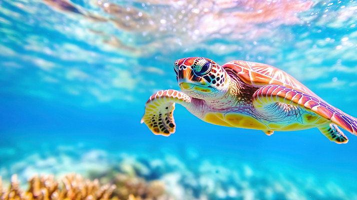JPG 동물 편집이미지 바다 자연 수중 수영 수중동물 산호 거북이 바다거북 편집실사 AI컴퓨터그래픽 AI콘텐츠 파충류 수상스포츠 자포동물 CG 생태계 파일형식