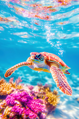 JPG 동물 편집이미지 바다 자연 생물 해변 햇빛 환경 해저 수중 수영 수중동물 산호초 거북이 바다거북 편집실사 AI컴퓨터그래픽 AI콘텐츠 파충류 태양 바닷속 수상스포츠 수중식물 CG 생태계 파일형식