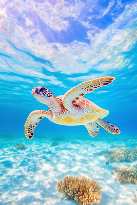 JPG 동물 편집이미지 모래 바다 자연 생물 해변 햇빛 해저 수중 수영 수중동물 산호 거북이 청록색 바다거북 편집실사 AI컴퓨터그래픽 AI콘텐츠 컬러 파충류 태양 바닷속 수상스포츠 자포동물 CG 생태계 파일형식