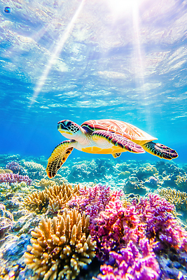 JPG 동물 편집이미지 바다 자연 생물 햇빛 태양 수중 수영 수중동물 산호초 거북이 바다거북 편집실사 AI컴퓨터그래픽 AI콘텐츠 자연요소 파충류 수상스포츠 수중식물 CG 생태계 파일형식