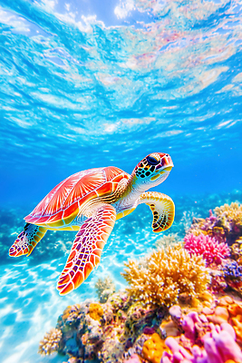 JPG 동물 편집이미지 바다 자연 생물 물 수중 수영 수중동물 수면 산호초 바다거북 편집실사 AI컴퓨터그래픽 AI콘텐츠 자연요소 수상스포츠 수중식물 거북이 CG 생태계 파일형식