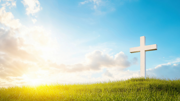 JPG 편집이미지 기독교 종교 십자가 자연 하늘 풍경 초원 여름 파란색 빛 햇빛 교회 봄 흰색 예수 언덕 편집실사 AI컴퓨터그래픽 AI콘텐츠 계절 컬러 태양 신_종교 CG 생태계 파일형식