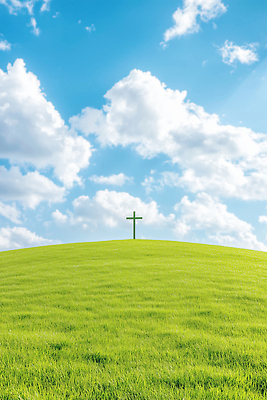 JPG 편집이미지 기독교 종교 십자가 자연 하늘 풍경 잔디 초원 여름 파란색 빛 햇빛 고요 봄 언덕 지역 편집실사 AI컴퓨터그래픽 AI콘텐츠 식물 계절 컬러 태양 CG 생태계 파일형식