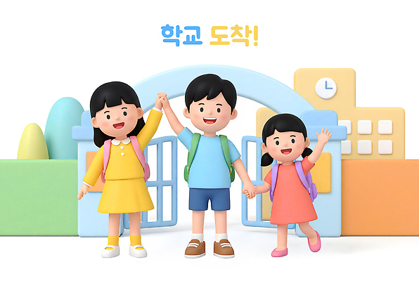 PSD 편집이미지 교육 어린이 학교 아침 웃음 학습 스쿨라이프 손잡기 도착 등교 활기 정문 동심 편집3D 주간 라이프스타일 컨셉 모션 표정 사람 3D 문 등하교 파일형식