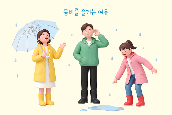 계절 감정 다수 상의 놀이 표정 말하기 사람 3D 봄 비_날씨 파일형식 봄비 우산 여러명 대화 즐거움 물놀이 웅덩이 날씨 모션 웃음 옷 외투 신발 PSD 편집3D 편집이미지
