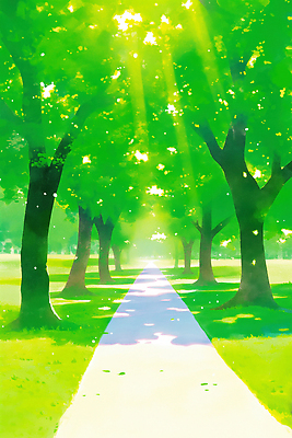 JPG 나무 식물 공원 길 일러스트 모션 자연 하늘 바람 휴식 나뭇잎 풍경 초록색 여름 햇빛 평화 봄 산책 산책로 숲 즐거움 국내일러스트 AI일러스트 AI콘텐츠 자연요소 계절 공공시설 감정 컬러 컨셉 잎 날씨 태양 생태계 파일형식