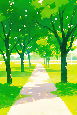 JPG 나무 공원 길 여유 일러스트 모션 자연 휴식 나뭇잎 풍경 초록색 여름 햇빛 봄 산책 공간 산책로 보행로 그늘 즐거움 소음 국내일러스트 AI일러스트 AI콘텐츠 식물 계절 공공시설 감정 컬러 컨셉 잎 태양 소리 생태계 파일형식