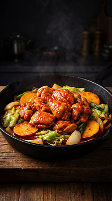 JPG 편집이미지 한식 채소 양파 감자 요리 식사 닭고기 맛 저녁 볶음 레시피 대파 닭갈비 편집실사 AI포토 AI콘텐츠 음식 컨셉 육류 야간 CG 파 닭고기요리 파일형식