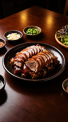 JPG 편집이미지 한식 채소 고추 탁자 반찬 마늘 육류 요리 식사 양념 저녁 상추 나물 족발 편집실사 AI포토 AI콘텐츠 음식 가구 식재료 돼지고기 야간 CG 파일형식