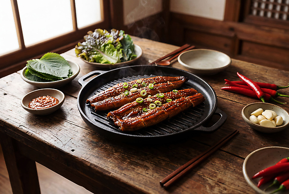 JPG 편집이미지 한식 음식 채소 재료 고추 식탁 요리 저녁식사 대기 저녁 생선요리 파 장어구이 식사준비 편집실사 AI포토 AI콘텐츠 탁자 어류 식사 야간 장어 CG 준비 파일형식