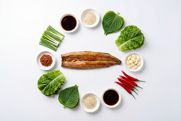 JPG 편집이미지 한식 음식 재료 고추 건강 어류 요리 식사 원형 양념 상추 해산물 생선구이 레시피 장어구이 쪽파 편집실사 AI포토 AI콘텐츠 도형 채소 수중동물 구이 장어 CG 생선요리 파 파일형식