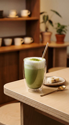 JPG 편집이미지 접시 음료 탁자 연두색 과자 숟가락 식사 공간 카페 편안함 즐거움 다과 말차 차분 편집실사 AI포토 AI콘텐츠 식기 감정 가구 컨셉 디저트 수저 초록색 차_음료 상점 감각 CG 파일형식