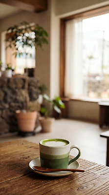 JPG 나무 식물 편집이미지 창 음료 탁자 잔 컵 햇빛 공간 카페 녹차 말차 오후 편집실사 AI포토 AI콘텐츠 식기 무기 가구 차_음료 태양 상점 CG 파일형식