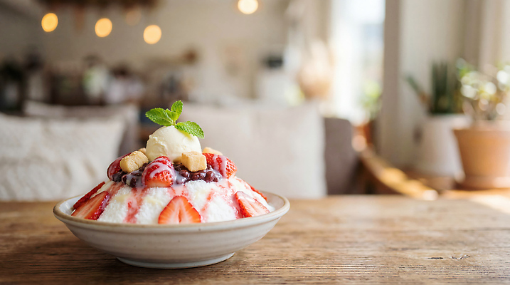 JPG 편집이미지 그릇 음식 탁자 딸기 아이스크림 디저트 조명 여름 카페 빙수 딸기빙수 디저트카페 편집실사 AI포토 AI콘텐츠 식기 계절 가구 과일 상점 CG 파일형식