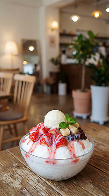 JPG 편집이미지 그릇 음료 의자 재료 탁자 딸기 아이스크림 디저트 내부 얼음 식사 카페 딸기빙수 편집실사 AI포토 AI콘텐츠 자연요소 식기 음식 가구 과일 상점 CG 빙수 파일형식