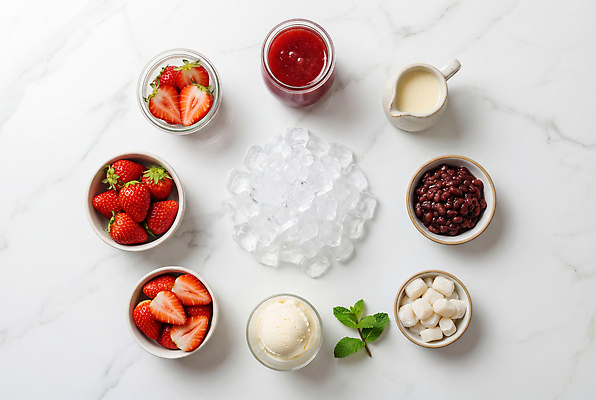 JPG 편집이미지 그릇 재료 탁자 딸기 디저트 요리 여름 얼음 팥 찹쌀떡 딸기빙수 연유 편집실사 AI포토 AI콘텐츠 자연요소 식기 계절 음식 가구 과일 식재료 떡 CG 빙수 파일형식