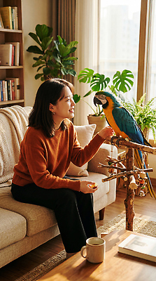 JPG 나무 동물 편집이미지 여자 감정 화초 거실 사랑 웃음 일상 반려동물 소파 시간 편안함 앵무새 금강앵무새 편집실사 AI포토 AI콘텐츠 식물 의자 조류 표정 사람 라이프 감각 CG 파일형식