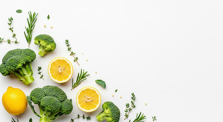 JPG 편집이미지 음식 백그라운드 재료 자연 건강 요리 식사 흰색 신선 브로콜리 레몬 허브 준비 비타민 편집실사 AI포토 AI콘텐츠 식물 컬러 채소 과일 CG 생태계 영양소 파일형식