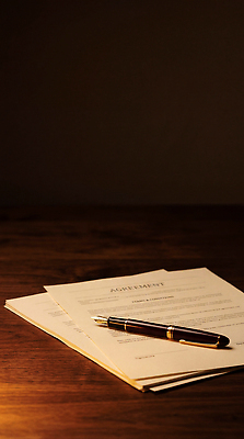 JPG 편집이미지 백그라운드 펜 만년필 어둠 기록 업무 계약 준비 문서 상업 법 계약서 서명 나무탁자 편집실사 AI포토 AI콘텐츠 비즈니스 탁자 필기구 작업 CG 파일형식