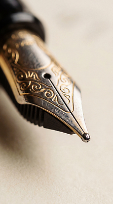 JPG 편집이미지 전통 손글씨 디자인 예술 문구용품 필기구 만년필 금색 기록 작업 고급 문서 펜촉 편집실사 AI포토 AI콘텐츠 컬러 컨셉 펜 CG 오브젝트 파일형식