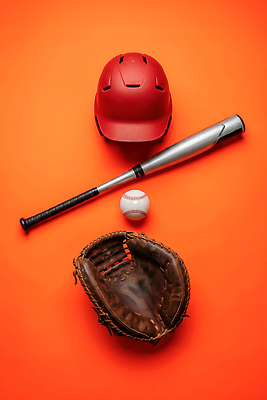 JPG 편집이미지 스포츠 세트 주황색 장비 야구 방망이 글러브 헬멧 야구공 편집실사 AI컴퓨터그래픽 AI콘텐츠 스포츠용품 컬러 장갑 공 구기 야구용품 보호장비 CG 파일형식
