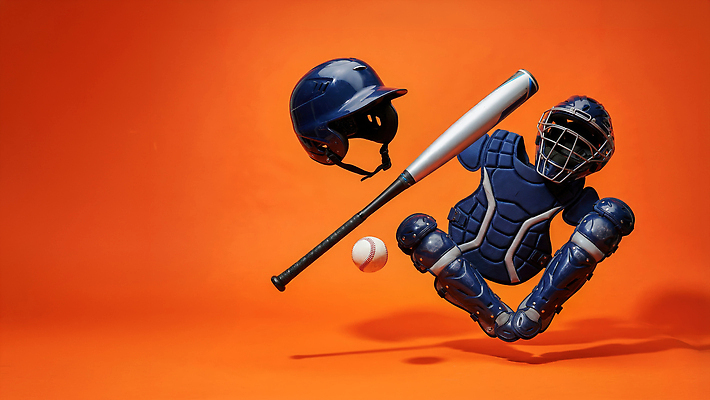 JPG 편집이미지 스포츠 공 공중 세트 운동 주황색 장비 야구 야구방망이 헬멧 포수 편집실사 AI컴퓨터그래픽 AI콘텐츠 컬러 건강 구기 야구용품 야구선수 보호장비 CG 파일형식