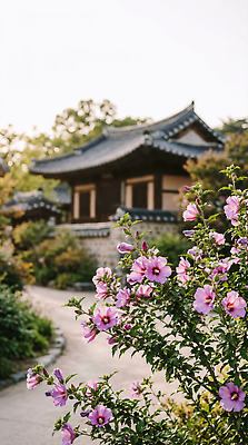 JPG 식물 편집이미지 전통 꽃 자연 거리 한국 건물 햇빛 평화 정원 무궁화 편집실사 AI포토 AI콘텐츠 건축물 아시아 컨셉 태양 CG 생태계 파일형식