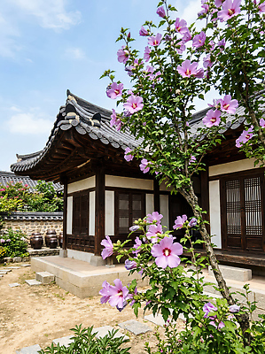 JPG 식물 편집이미지 전통 꽃 전통문화 자연 하늘 한옥 한국 풍경 건물 정원 고요 무궁화 편집실사 AI포토 AI콘텐츠 한국전통 건축물 아시아 문화 고건축 CG 생태계 파일형식