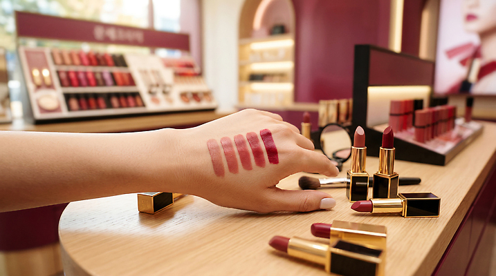 JPG 편집이미지 손 컬러 신체부위 쇼핑 화장 뷰티 화장품 립스틱 화장용품 선택 상품 뷰티샵 고객 의료성형뷰티 편집실사 AI인물포토 AI콘텐츠 컨셉 사람 상점 미용용품 CG 파일형식 AI포토