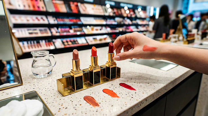 JPG 편집이미지 손 여자 컬러 탁자 신체부위 뷰티 화장품 립스틱 선택 상품 뷰티샵 고객 의료성형뷰티 편집실사 AI인물포토 AI콘텐츠 가구 컨셉 사람 상점 CG 파일형식 AI포토