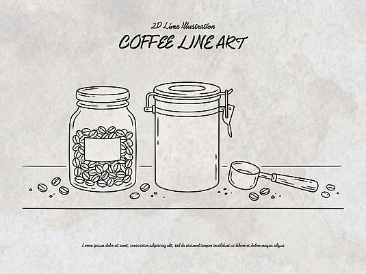 커피 음료 예술 선 라인일러스트 일러스트 재료 유리병 통 카페 원두 계량스푼 국내일러스트 AI파일 주방용품 병_용기 상점 파일형식 벡터