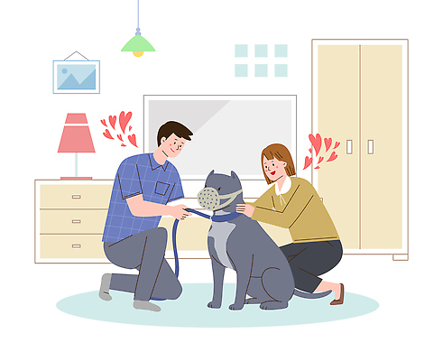 동물 감정 컨셉 관계 사람 내부 반려동물 개 파일형식 반려용품 입마개 강아지 목줄 남자 여자 방 사랑 책임감 실내 가족 PSD 일러스트 국내일러스트 제도 승낙 맹견