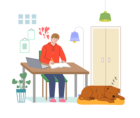 PSD 식물 남자 일러스트 조명 일상 책 노트북 학습 방 기록 잠 작업 강아지 편안함 승낙 책상 일과 맹견 제도 국내일러스트 교육 가구 컨셉 사람 라이프 전자제품 반려동물 감각 개 파일형식