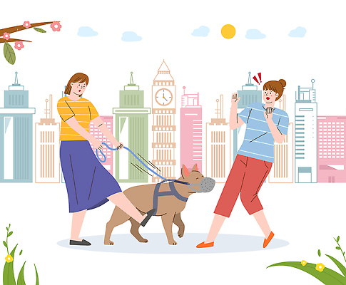 PSD 동물 공원 일러스트 사람 일상 친구 걷기 놀람 산책 도시 개 승낙 목줄 맹견 입마개 제도 국내일러스트 공공시설 감정 컨셉 포유류 관계 모션 휴식 표정 라이프 파일형식 반려용품
