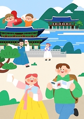 전통 건축물 여자 남자 행복 문화 여행 일러스트 가족 산 한국 풍경 이벤트 도장 궁전 만남 체험 역사 즐거움 방문 안내서 국내일러스트 AI파일 건축 감정 아시아 컨셉 고건축 관계 사람 파일형식 벡터