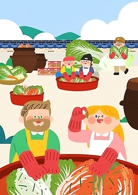 전통 여자 남자 문화 일러스트 협력 김치 이벤트 여러명 야외 작업 체험 양념 배추 김장 빨간장갑 국내일러스트 AI파일 한식 다수 컨셉 채소 사람 파일형식 벡터