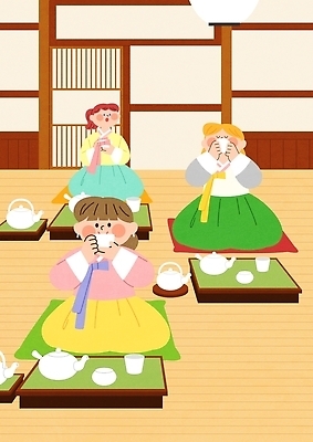 전통 옷 여자 남자 전통문화 문화 일러스트 식탁 한국 이벤트 친구 식사 방 모임 체험 찻잔 다도 한복 다과 다과상 국내일러스트 AI파일 한국전통 아시아 컨셉 관계 탁자 디저트 잔 사람 예절 전통의상 파일형식 벡터