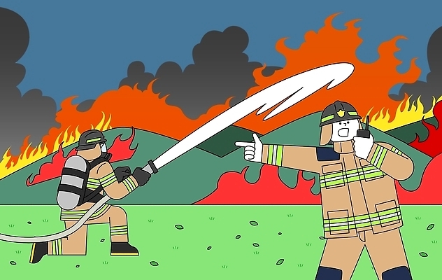 남자 일러스트 불 협력 불꽃 안전 진화 연기 위험 소방관 소방 화재 무전기 소화기 산불 긴급상황 화재진압 국내일러스트 AI파일 자연요소 컨셉 무선통신 사람 긴급 안전장비 구조원 사건 진압 파일형식 벡터