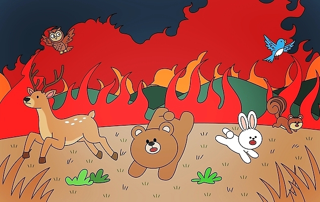 동물 일러스트 곰 자연 불 사슴 불꽃 토끼 숲 탈출 부엉이 산불 대피 위기 파랑새 피하기 국내일러스트 AI파일 자연요소 컨셉 포유류 모션 조류 반려동물 생태계 화재 파일형식 벡터
