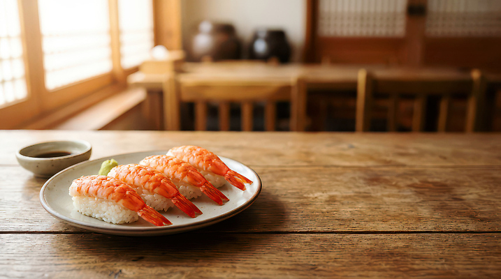 JPG 편집이미지 접시 음식 새우 레스토랑 식사 초밥 공간 신선 맛 저녁 해산물 나무탁자 새우초밥 일본음식 편집실사 AI포토 AI콘텐츠 식기 컨셉 탁자 갑각류 식당 밤 야간 CG 파일형식
