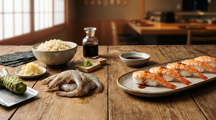 JPG 편집이미지 음식 재료 식탁 밥 새우 요리 쌀 신선 고추냉이 해산물 준비 간장 생강 새우초밥 일본음식 편집실사 AI포토 AI콘텐츠 채소 탁자 곡류 갑각류 초밥 양념 CG 파일형식